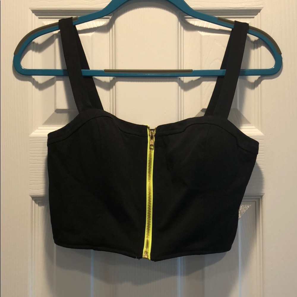 Black crop top with neon yellow zipper